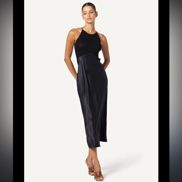 New SABLYN CLARA MIXED MEDIA MIDI SILK DRESS | BLACK XS - Picture 1 of 15